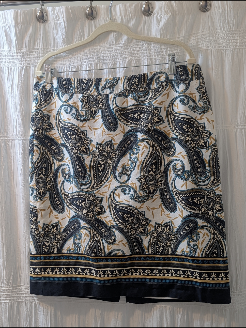 Van Heusen Vintage 100% Cotton Paisley Pencil Skirt Blue Gold Size 12 Lined